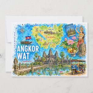 Tarjeta postal de viaje en acuarela de Angkor Wat