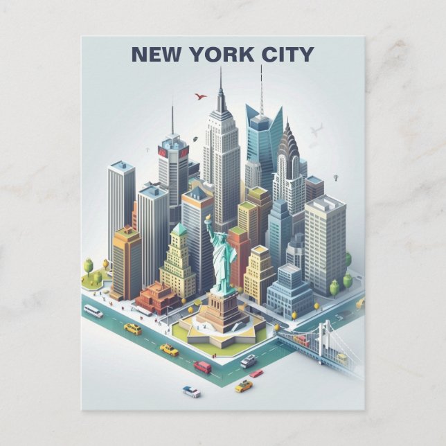 Tarjeta postal de viaje isométrica de Nueva York (Anverso)