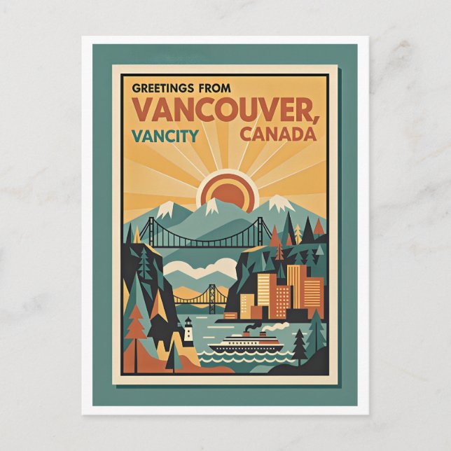 Tarjeta postal de viaje retro de Vancouver Canadá  (Anverso)