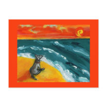 Tarjeta postal de viaje y puesta de sol con perro