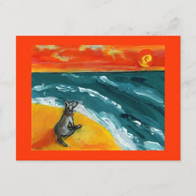 Tarjeta postal de viaje y puesta de sol con perro (Anverso)