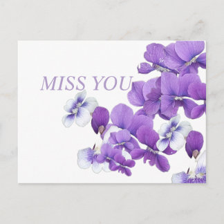 Tarjeta postal de violetas silvestres "Te extraño"