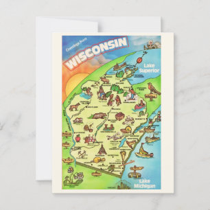 Tarjeta postal de Wisconsin ilustrada con colores