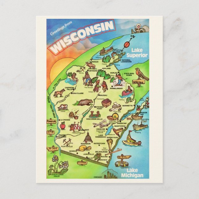Tarjeta postal de Wisconsin ilustrada con colores (Anverso)