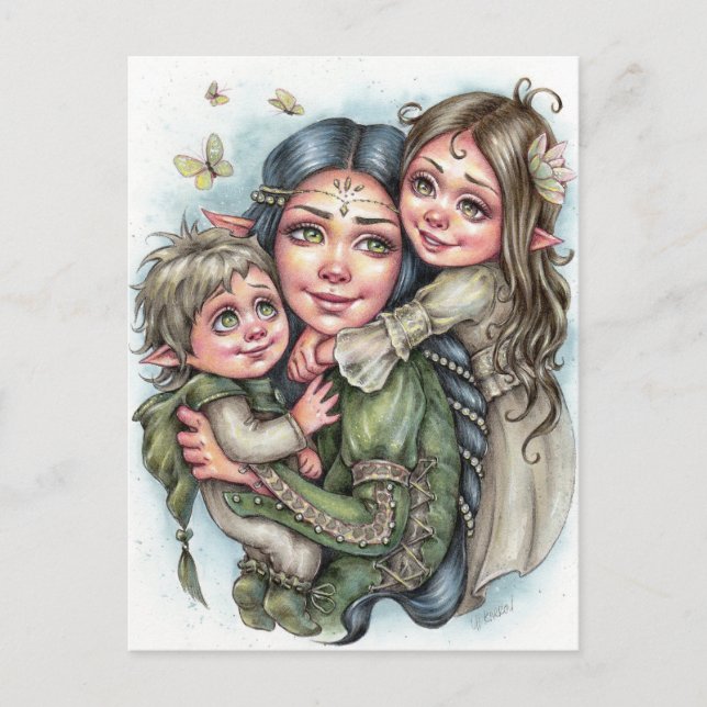 Tarjeta postal del amor de madre Elfo Familia Cuen (Anverso)