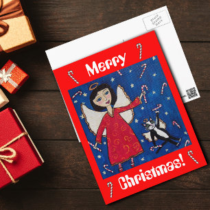 Tarjeta postal del ángel y gato de Navidad de bast
