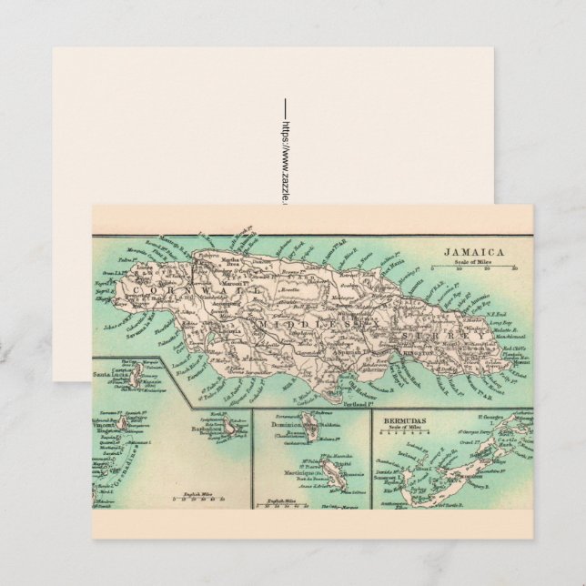 Tarjeta postal del antiguo mapa de Jamaica (Anverso / Reverso)