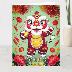 Tarjeta postal del baile del león del año nuevo lu
