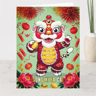 Tarjeta postal del baile del león del año nuevo lu