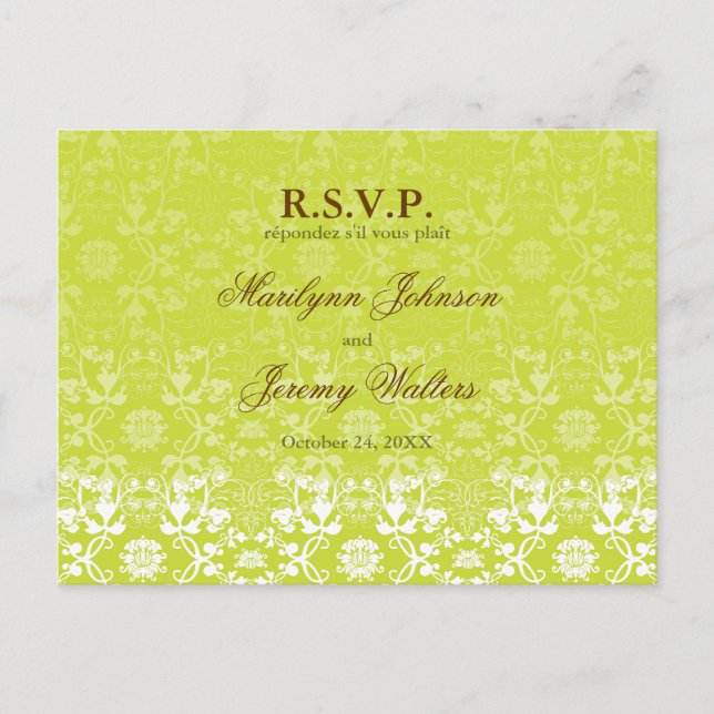 Tarjeta postal del Boda Damask Swirls Lace Lime RS (Anverso)