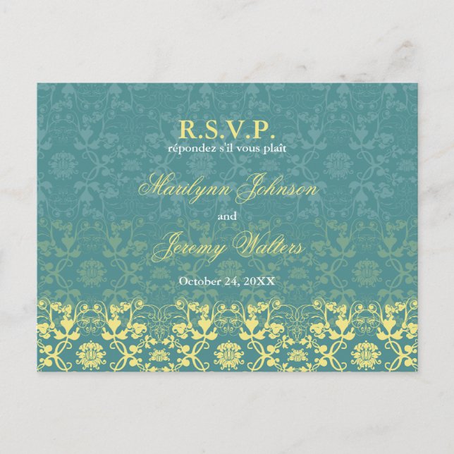 Tarjeta postal del Boda Damask Swirls Lace Peacock (Anverso)