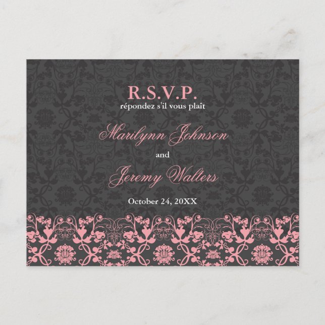 Tarjeta postal del Boda de Damask Swirls Lace Char (Anverso)