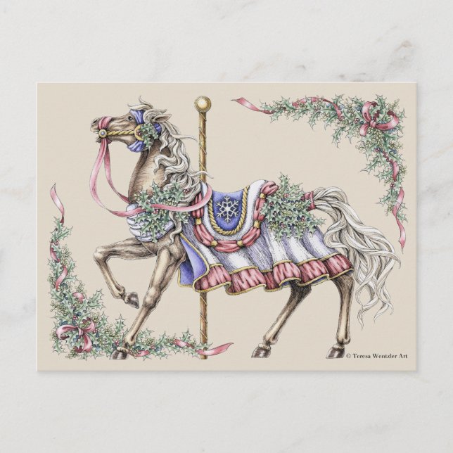 Tarjeta postal del caballo de carrusel de invierno (Anverso)