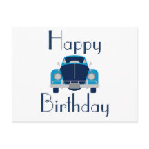 Tarjeta postal del coche azul de cumpleaños feliz
