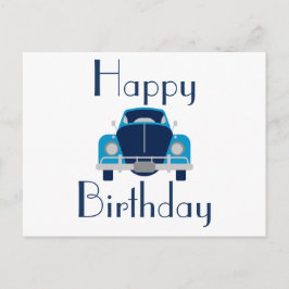Tarjeta postal del coche azul de cumpleaños feliz