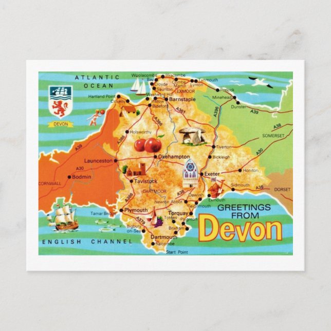 Tarjeta postal del colorido mapa antiguo de Devon  (Anverso)