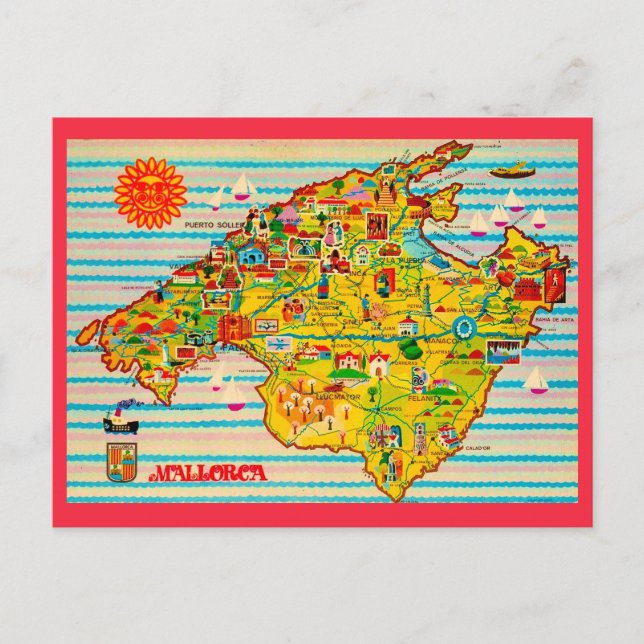 Tarjeta postal del colorido mapa de Mallorca Españ (Anverso)