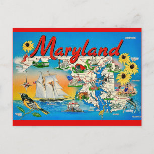 Tarjeta postal del colorido mapa de Maryland