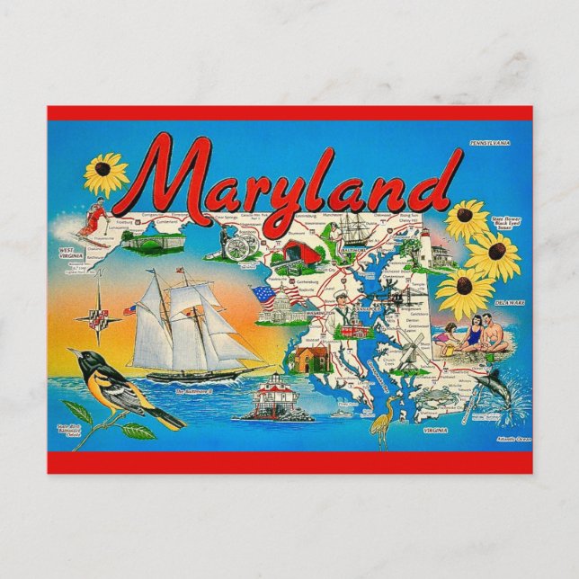 Tarjeta postal del colorido mapa de Maryland (Anverso)
