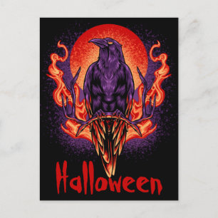 Tarjeta postal del cuervo de Halloween con llamas