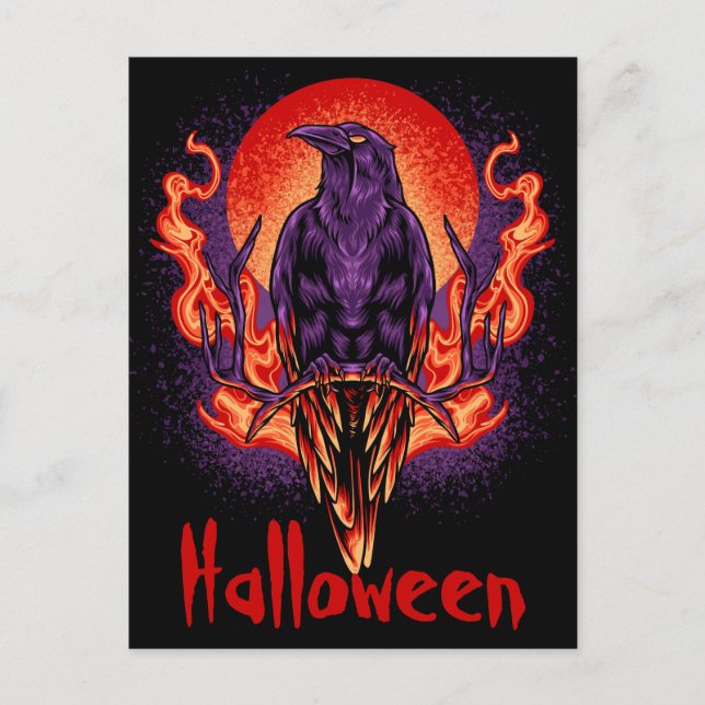 Tarjeta postal del cuervo de Halloween con llamas (Anverso)