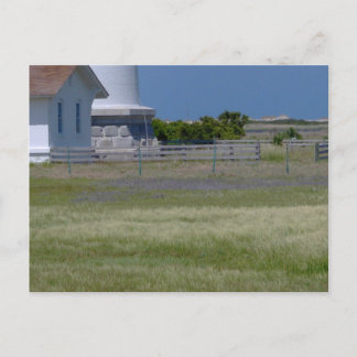 Tarjeta postal del faro con campo de flores