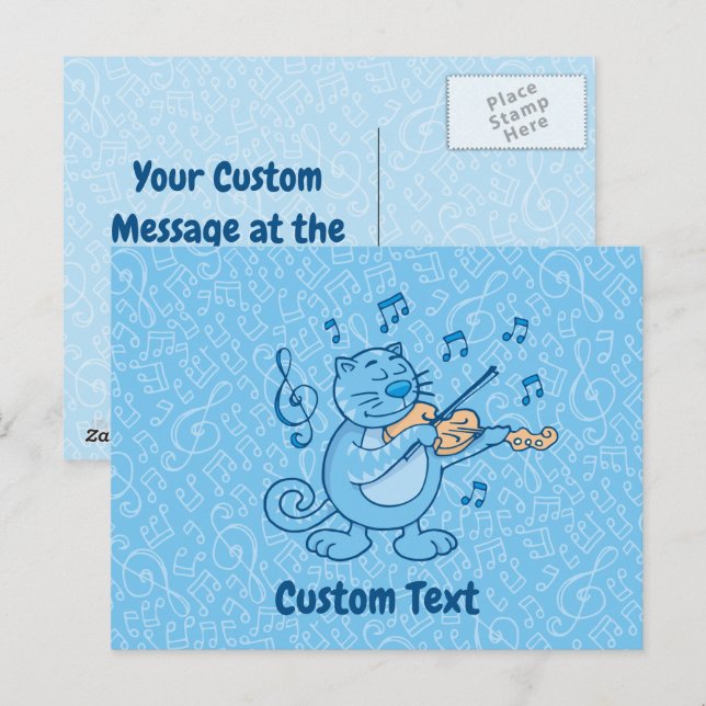 Tarjeta postal del gato azul con violín (Anverso / Reverso)