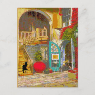 Tarjeta postal del gato negro del patio de Nueva O