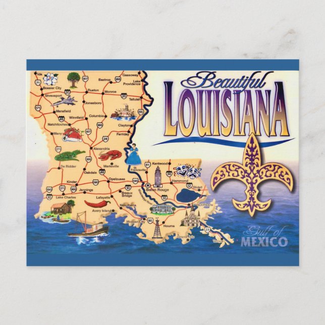 Tarjeta postal del hermoso mapa de Louisiana (Anverso)
