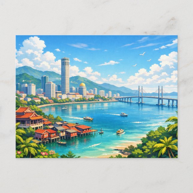 Tarjeta postal del horizonte de Penang Malasia (Anverso)