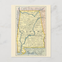 Tarjeta postal del mapa antiguo de Alabama