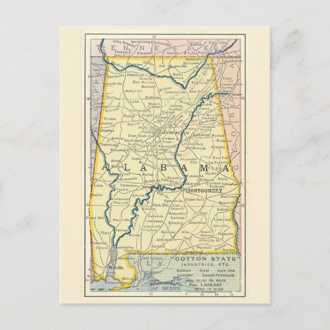 Tarjeta postal del mapa antiguo de Alabama (Anverso)