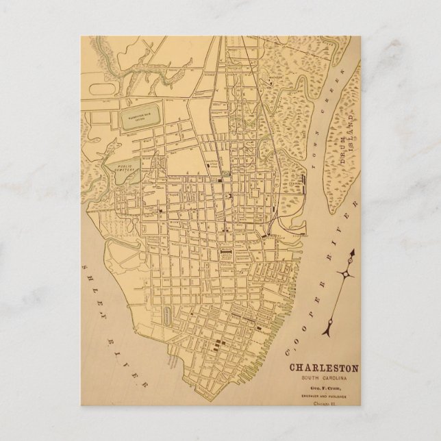 Tarjeta postal del mapa antiguo de Cherleston SC (Anverso)