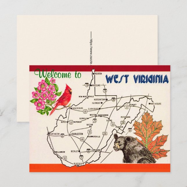 Tarjeta postal del mapa antiguo de Virginia Occide (Anverso / Reverso)
