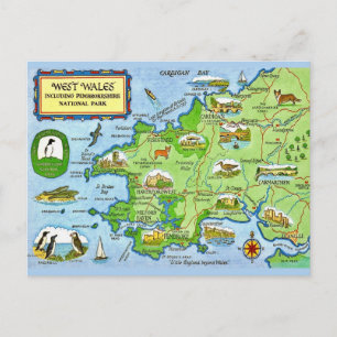 Tarjeta postal del mapa antiguo del oeste de Gales