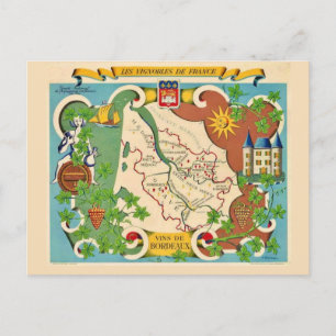 Tarjeta postal del mapa colorido de Burdeos, Franc