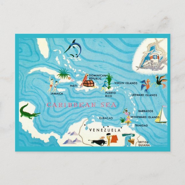 Tarjeta postal del mapa colorido del Caribe (Anverso)