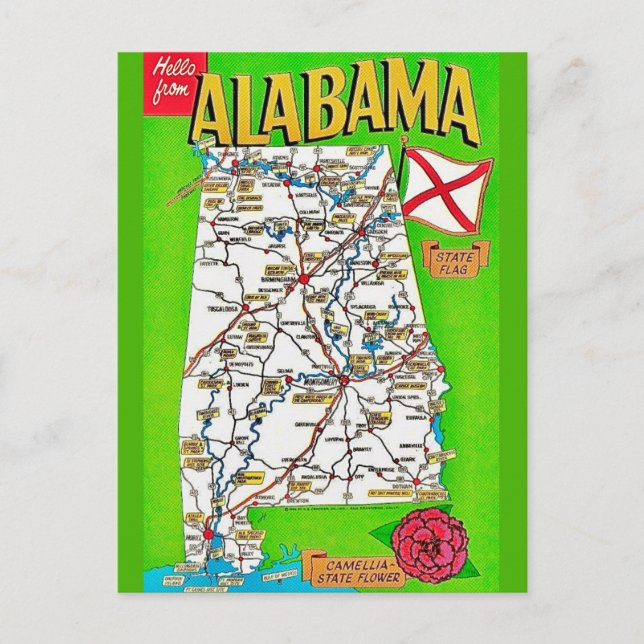 Tarjeta postal del mapa de Alabama (Anverso)