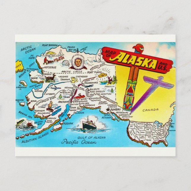 Tarjeta postal del mapa de Alaska y EE. UU. (Anverso)