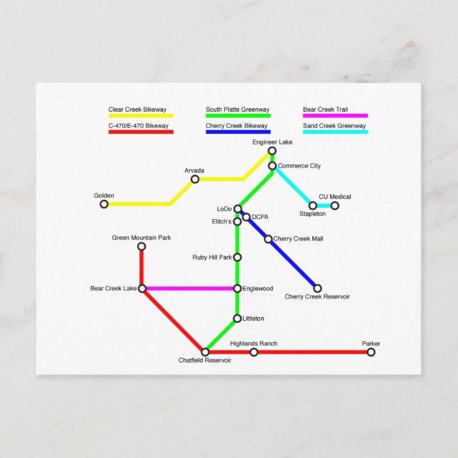 Tarjeta postal del mapa de bicicletas de Denver (Anverso)