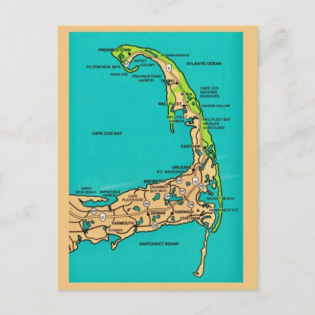 Tarjeta postal del mapa de Cape Cod MA (Anverso)