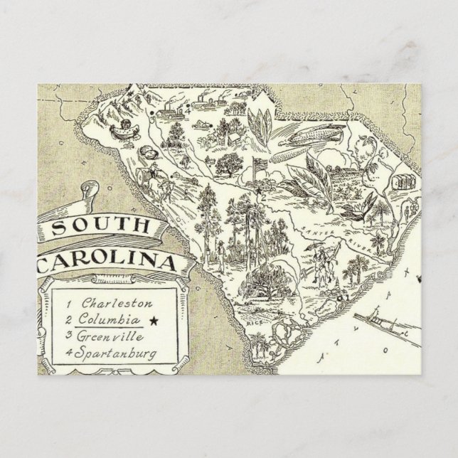 Tarjeta postal del mapa de Carolina del Sur (Anverso)