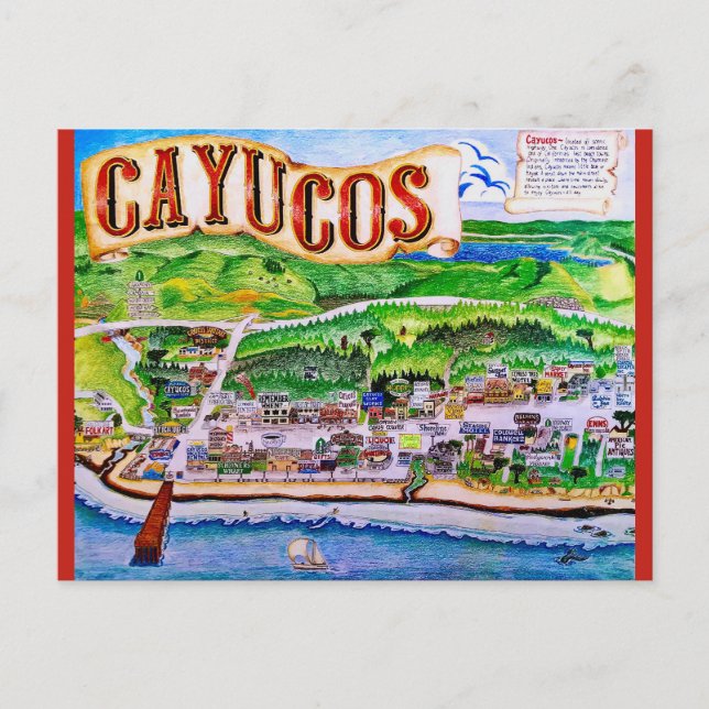 Tarjeta postal del mapa de Cayucos California (Anverso)