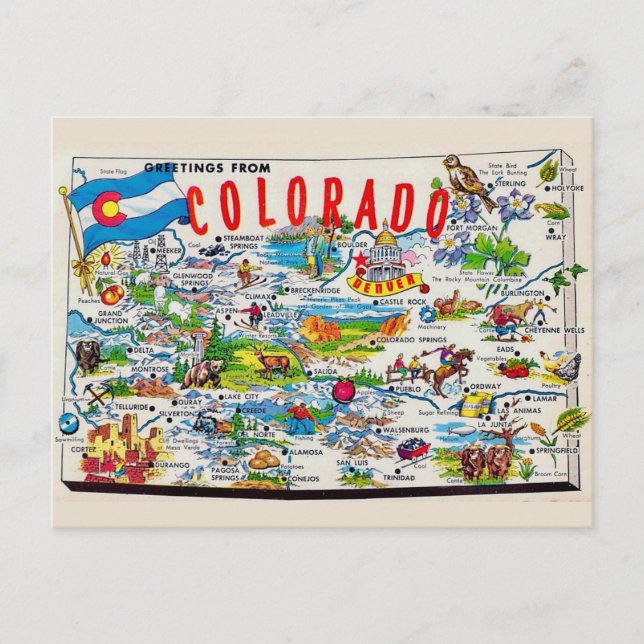 Tarjeta postal del mapa de Colorado ilustrado (Anverso)