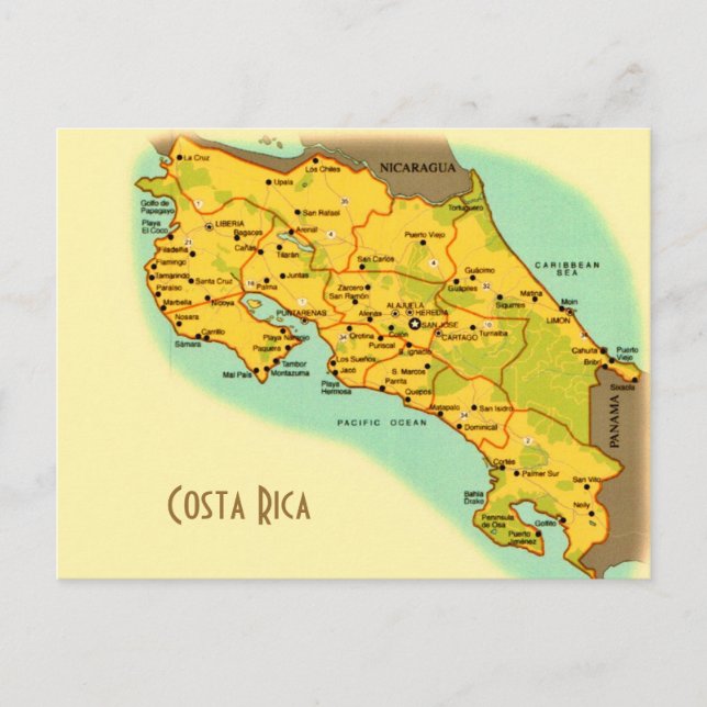 Tarjeta postal del mapa de Costa Rica (Anverso)