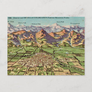Tarjeta postal del mapa de Denver y las montañas d