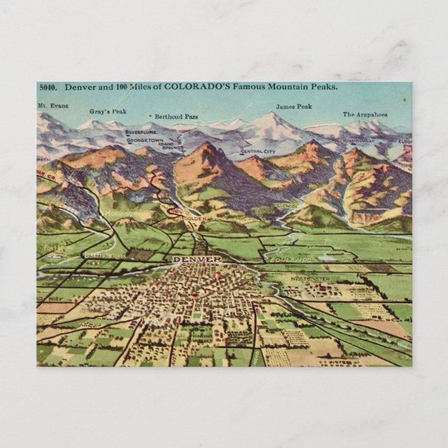 Tarjeta postal del mapa de Denver y las montañas d (Anverso)