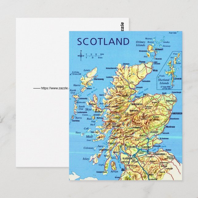 Tarjeta postal del mapa de Escocia (Anverso / Reverso)