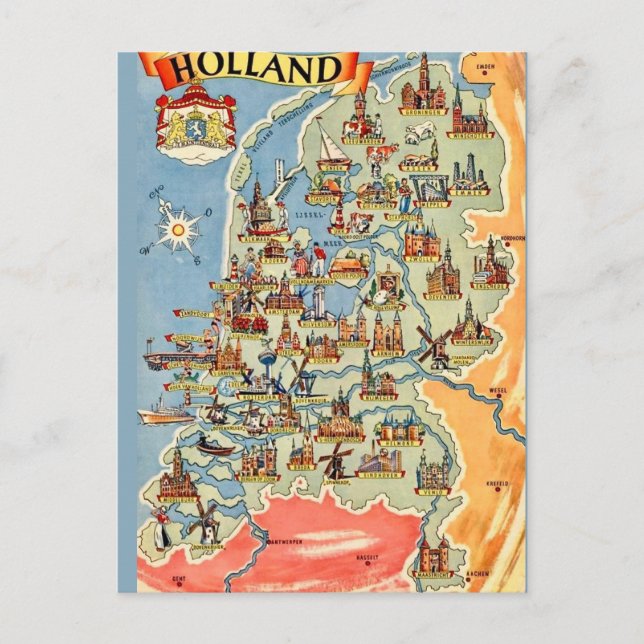 Tarjeta postal del mapa de Holanda colorido (Anverso)