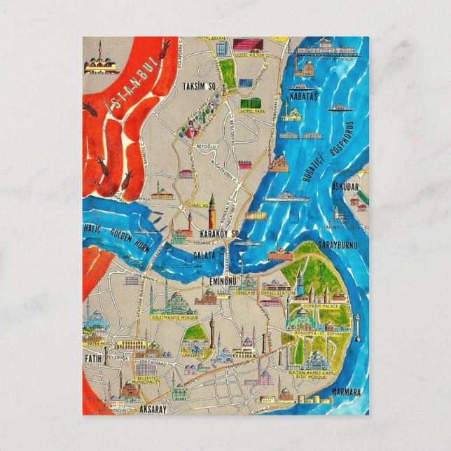 Tarjeta postal del mapa de la ciudad de Estambul (Anverso)